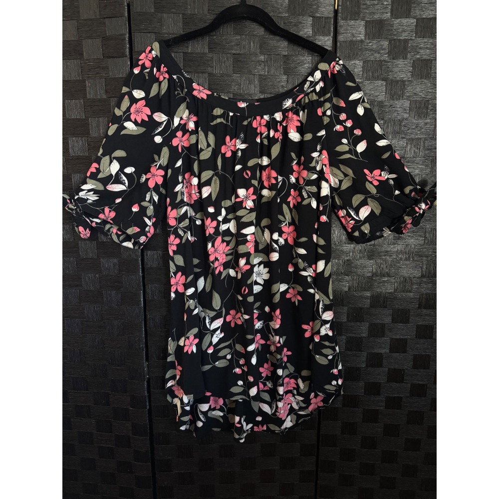Ellos Floral Blouse Womens 16 Black Pink Smocked Back Peasant Top Boho